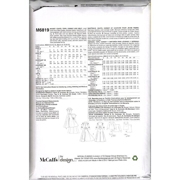 McCall's M6819 Misses 6 TO 14 Coats Tops Corset and Belt Costume Sewing Pattern - Picture 2 of 2